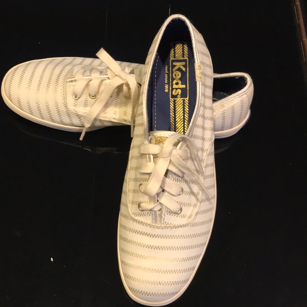 Keds white with gold zipper pattern, 8M, new